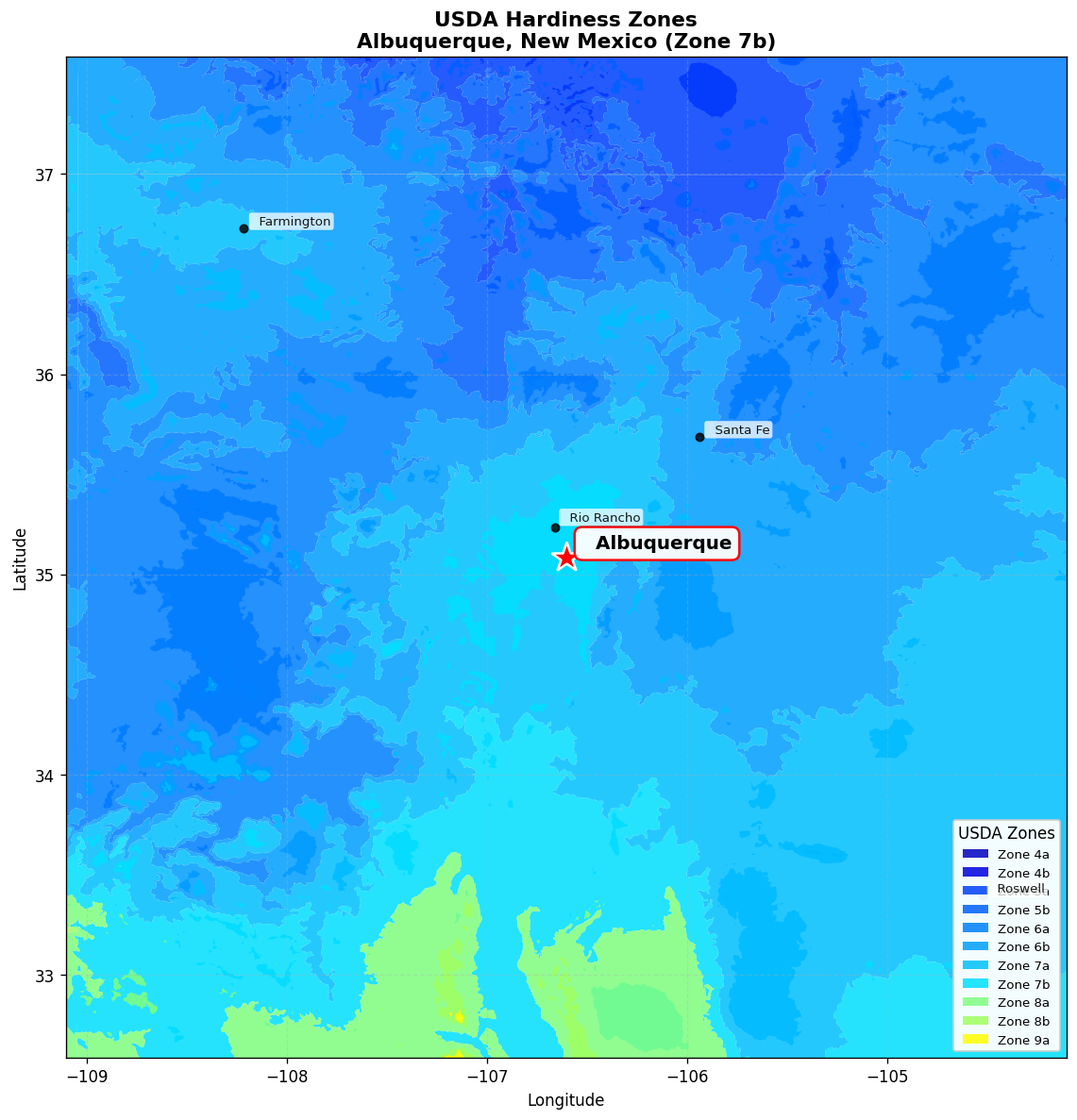 USDA Hardiness Zone Map for Albuquerque, NM